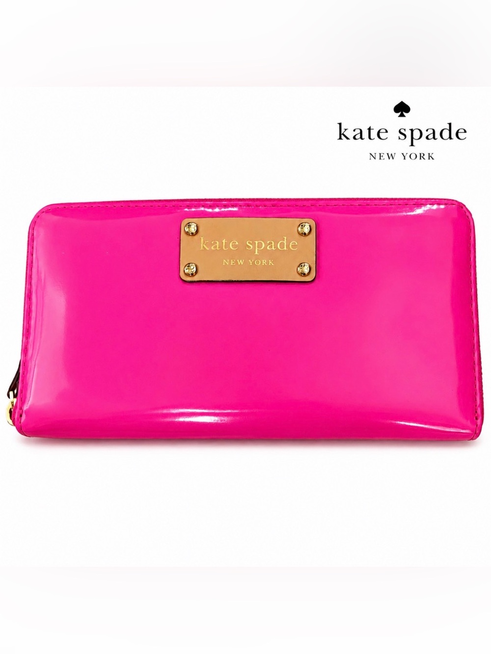 Kate Spade New York Pink Patent Leather Zip Around Wallet Tan Leather Logo Gold